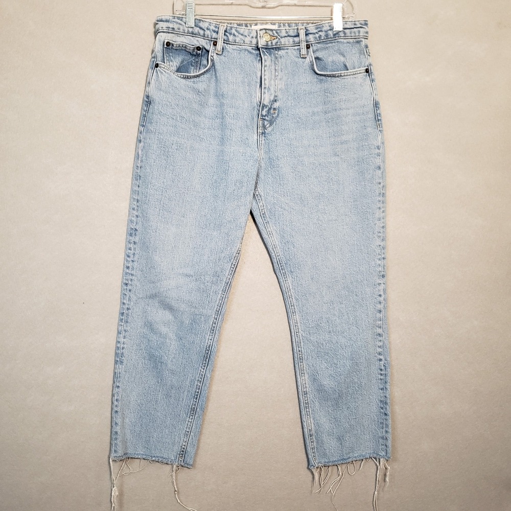 Topshop Womens W32" L23.5" Straight Leg Crop Jeans Light Wash Raw Hem Grunge Mom